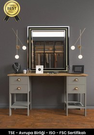 Resim B3 Concept Retro Serisi Özel Tasarım Dört Çekmeceli 1. Kalite Lüks Makyaj Masası Koyu Gri - Safir Meşe 