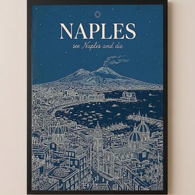 Resim Naples Line Art Print - Navy Mount Vesuvius Bay Skyline Wall Art - Just Poster / 12 x 16" (30x40 cm) 
