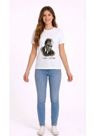 Resim Barlashive Kız Çocuk Atatürk Baskılı Tişört Kısa Kollu Bisiklet Yaka T-shirt - Beyaz Çok Renkli 