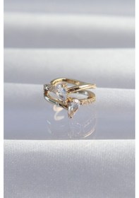 Resim Pirinç Gold Renk Zirkon Taşlı Damla Earcuff Küpe Renkli 