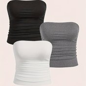 Resim 3 adet Kadın Yazlık Askısız Tüp Üstleri - Kolsuz Buruşuk Tasarım, Siyah, Gri, Beyaz, Esnek Polyester Karışımı, Günlük ve Şık Tarz 