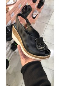 Resim Dolgu Topuk Hakiki Deri Sandalet Siyah 
