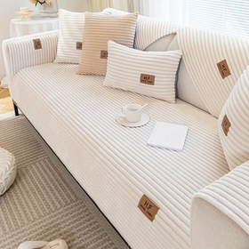 Resim 1 adet Kış Sıcaklığı, "HF" Monogramlı Pluş Velvete Koltuk Örtüsü - Petlere Dayanıklı, Kaymaz, Çizilmeye Dayanıklı Tasarım, L Şekilli ve Tek Kişilik Koltuklar için, Makinede Yıkanabilir Polyester Kumaş, Bej ve Krem Renkleri ile Mevcut, Pet Koruma | Modern Estetik | Makinede Yıkanabilir Kılıf, Koltuk Dekoru 