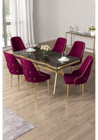 Resim Canisa Vae Serisi 90x160 Lak Panel Antrasit Ironi Gold Ayak Masa Takımı 6 Mürdüm Sandalye Antrasit İroni Masa Mürdüm Sandalye Ayaklar Gold 