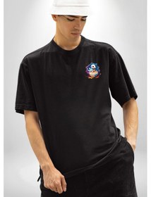 Resim Sevimli Bebek Ejderha Elmas Yumurta Siyah Oversize Unisex Ön Sol Yan Minimal Baskılı Tişört Koyu Siyah 