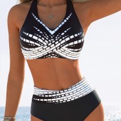 Resim 1 adet Kadın Yüksek Belli Geometrik Desenli Bikini Seti, Yüksek Elastik Polyester Kumaş, Ayarlanabilir Askılı İki Parçalı Mayo 