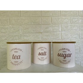 Resim 3'lü Vakumlu Kapaklı Porselen 1000 Ml Tea/salt/sugar Çay Tuz Şeker Kavanoz Seti 