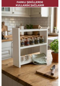 Resim Ahşap Üç Raflı Çok Amaçlı Baharatlık, Tezgahüstü Düzenleyici Beyaz 