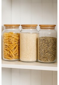 Resim Qerhome 3 Adet Borosilikat Cam Bambu Kapaklı Cam Erzak Kavanozu 4 Litre Şeffaf 