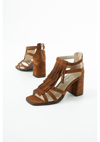 Resim Dericia Shoes Fringe Hakiki Deri Süet Kadın Püskül Detaylı Kalın Topuklu Sandal Turuncu 