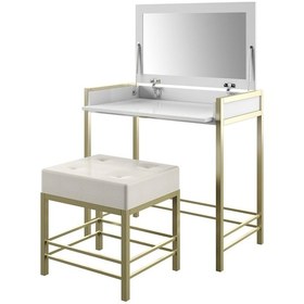 Resim Claudia Gold Metal Beyaz Makyaj Masası & Tabure 