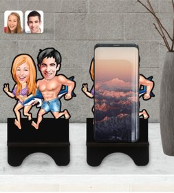 Resim Bk Gift Kişiye Özel Sevgililer Karikatürlü Ahşap Biblo Telefon Standı-8 