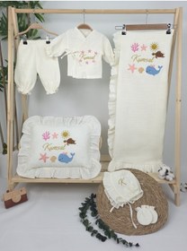 Resim Gros Shop Müslin Yeni Doğan 4katlı Organik %100pamuk Kişiye Özgü Nakışlı Hastane Çıkış Seti Okyanus Model-2 Ekru-1 