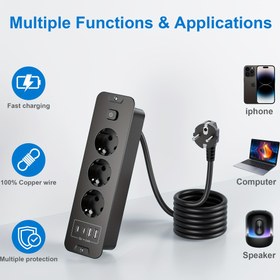 Resim 7’si 1 Arada Gömme Çok Fonksiyonlu Priz: 7 Avrupa Standart Soket (CEE 7/7 Şeması) + 3×16A AC Portu + 4 USB Portu (2×USB-C 15W + 2×USB-A 12W) | 1.5 mm² Bakır Çekirdek Kablolu, 2 Metre Uzunluk, Maksimum Yük Kapasitesi 3680W 