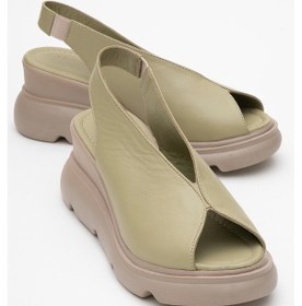 Resim Sam Yeşil Cilt Hakiki Deri Kadın Dolgu Topuk Sandalet Yeşil 