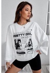 Resim Madmext Beyaz Baskılı Oversize Kadın Sweatshirt Mg1923 Beyaz 