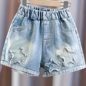 Resim Kızlar için Yıldızlı Tasarımlı Yazlık Kot Şortlar - Açık Mavi Yıkanmış Polyester-Viskon Karışımı, Elastik Bel Bandı ve Geniş Kesimli Rahat Şortlar 5-14 Yaş Çocukları İçin, Makinede Yıkanabilir, Jean Şortlar 