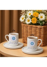 Resim Nazar Boncuklu Kişiye Özel Türk Kahvesi Fincanı İsim Yazılı Hediyelik 1 Adet Beyaz 