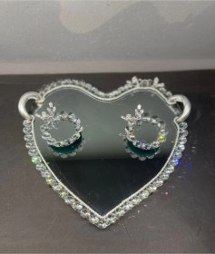 Resim Dekoratif Kristal Cam Ayna Kalp Sunum Tepsisi Gümüş 