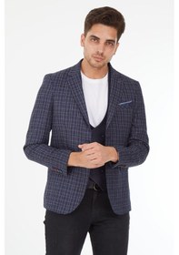 Resim Sposo 5140 Yelekli Dar Kalıp Lacivert Ekose Erkek Blazer Ceket Lacivert 