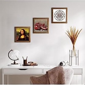 Resim Pinecone Sri Yantra, Leonardo da Vinci Mona Lisa, Nar Taş Duvar Tablosu - Ahşap Çerçeveli Taş Tablo - 25x25 cm - 3 Parça Set - Dekoratif Duvar Sanatı - Modern Ev ve Ofis Duvar Dekoru W3-1423 