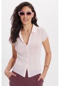 Resim Tudors Kadın Slim Fit Dar Kesim Kısa Kollu Gömlek Yaka Pembe Gömlek-50544 