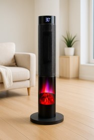 Resim Grooth Kule Tipi Dikey Fanlı Seramik Isıtıcı Uzaktan Kumandalı Şömine Efektli PTC Isıtıcı 