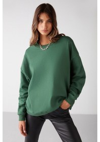 Resim Grimelange Susana Kadın Bisiklet Yaka Içi Polarlı Oversize Fit Basic Yeşil Sweatshirt 