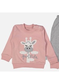 Resim 3-9 Ay Kız Bebek Alt&üst Takımı Zürafa Nakışlı Pudra Pudra 