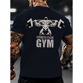 Resim Erkekler İçin Yazlık Fitness Grafik Tişört - Hafif Nefes Alabilen Dambıl Desenli ve 'Fitness Club Gym' Baskılı, Normal Kesim Spor Giyim, Takım Etkinlikleri, Yürüyüş, Balıkçılık için Makinede Yıkanabilir Kumaş 