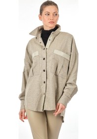 Resim Unique Mode Düz Yaka Cepli-Düğmeli Uzun Kollu Bej Kadın Gömlek UW Bej 