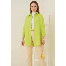 Resim Kadın Oversize Basic Pamuklu Çağla Yeşili Tesettür Gömlek 