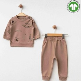 Resim Erkek Bebek Dinazor Baskılı Organik Eşofman Takım-15481 Kahverengi 