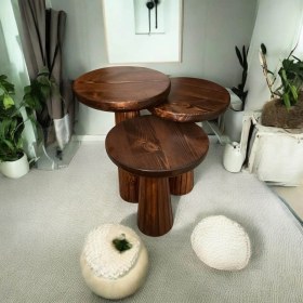 Resim Wood Wooden Ahşap 3lü Set Fitilli Mantar Yan Sehpa Modern Kestane Renk Fiskos 