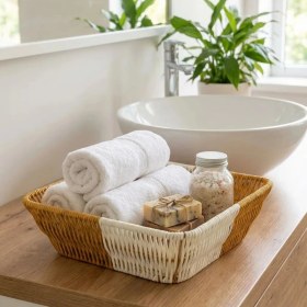 Resim Krm Kare Çift Renkli Plastik Rattan Ekmek ve Meyve Sepeti - Çok Amaçlı Banyo ve Mutfak Düzenley 