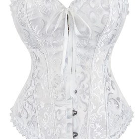 Resim Şık Beyaz Düğün Dantel Fermuarlı Kadın Korse Üstü | Vintage Çiçek Desenli Jakar Dizaynı | Ruffle ve Bow Detayları, Bel Sıkıcı Korse, Seksi Düğün Bel Kontrolü Tank Üst, Avrupa Mahkemesi Tarzı Bel Sıkıcı Bluz 