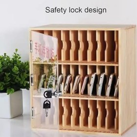 Resim Doğal Ahşap Cep Telefonu Soyunma Kutusu - Konferans Odası Telefon Yönetimi için Kilitli Duvara Monte Depolama Dolabı 309x190x639mm Güvenli Mobil Cihaz 