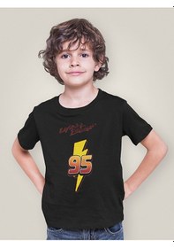 Resim Sevbano Şimşek Mcqueen Baskılı Unisex Arabalar Çizgi Film Çocuk Tişört 1 Siyah 