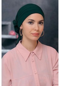 Resim Hürrem Bone Zümrüt Pratik Hazır Geçmeli Tesettür Bone Sandy Kumaş Pileli Nerv Zümrüt 