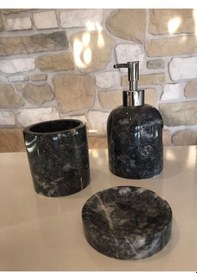 Resim Siyah Dalgalı Mermer 3'lü Banyo Seti Beyaz 