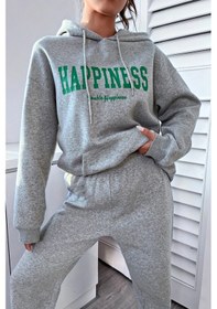 Resim Unisex Happiness Baskılı Eşofman Takımı Gri 
