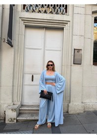 Resim Bonacosa Kadın Viskon 3 Lü Takım Kimono + Beli Lastikli Salaş Pantolon + Crop 8 Renk Bebek Mavisi 