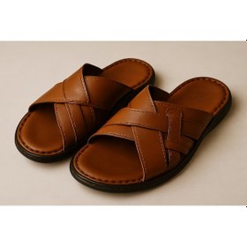Resim Growish Gr0291 Içi Dışı Hakiki Deri Kaydırmaz Taban Yumuşak Kayışlı Erkek Comfort Rahat Kahverengi Ev Dışarı Terlik Taba 