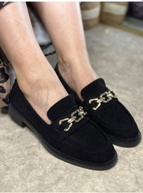 Resim Günlük Kadın Loafer Makosen Klasik Alçak Topuklu Desenli Taban Zincirli Oval Burunlu Ayakkabı 150 Siyah - Süet 