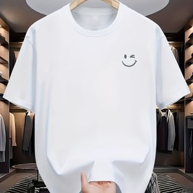 Resim Erkekler için Günlük Gülümseme Baskılı Tişört - Yumuşak Polyester Karışımı, Yuvarlak Yaka, Kısa Kollu, Yaz Stili, Hafif ve Nefes Alabilir, Günlük Kıyafet için Sevimli Gömlekler 