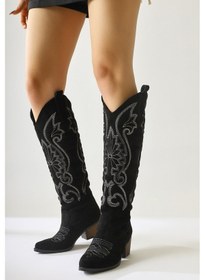 Resim Dani Siyah Süet Nakış Detaylı Sivri Burunlu Western Çizme 001 