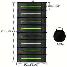 Resim 8 Katlı Bitki Kurutma Rafı Taşıma Çantasıyla - Floresan Yeşil/Siyah Polyester Ağ, 149.86x49.99x70.0 cm, Taşınabilir Tasarım, İç Mekan için Ot, Sukulent ve Hava Temizleyici Bitkiler, Uzun Yapılı Sağlam Yapı 