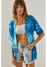 Resim Shade Kadın Etnik Desenli Kısa Kollu Viskon Kimono 60251374 - Mavi 