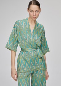 Resim Zikzak Desenli Simli Yeşil Kimono Hırka 