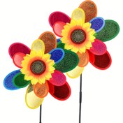 Resim 2 Adet Renkli Ayçiçeği Rüzgar Döndürücüler - Bahçe, Çim ve Dış Mekan Dekorasyonu için Canlı Plastik Çiçek Yel Değirmenleri, Parıltılı Tasarımlı Hareketli Rüzgar Gücü Sanat 